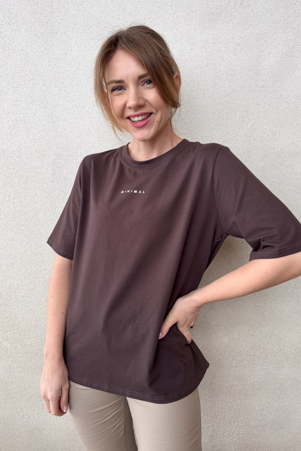 T-SHIRT BAWEŁNIANY ZGASZONY GORZKA CZEKOLADA MINIMAL 1