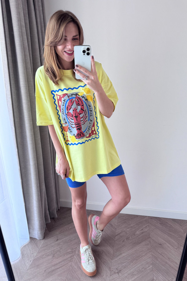 T-SHIRT BAWEŁNIANY CYTRYNOWY Z APLIKACJĄ RACZKA
