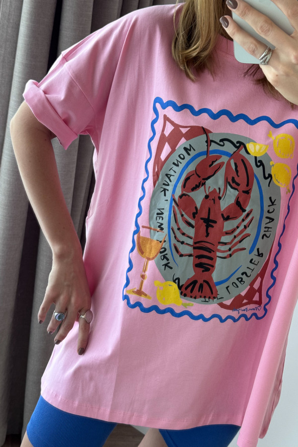 T-SHIRT BAWEŁNIANY CUKIERKOWY RÓŻ Z PRINTEM LOBSTER 2