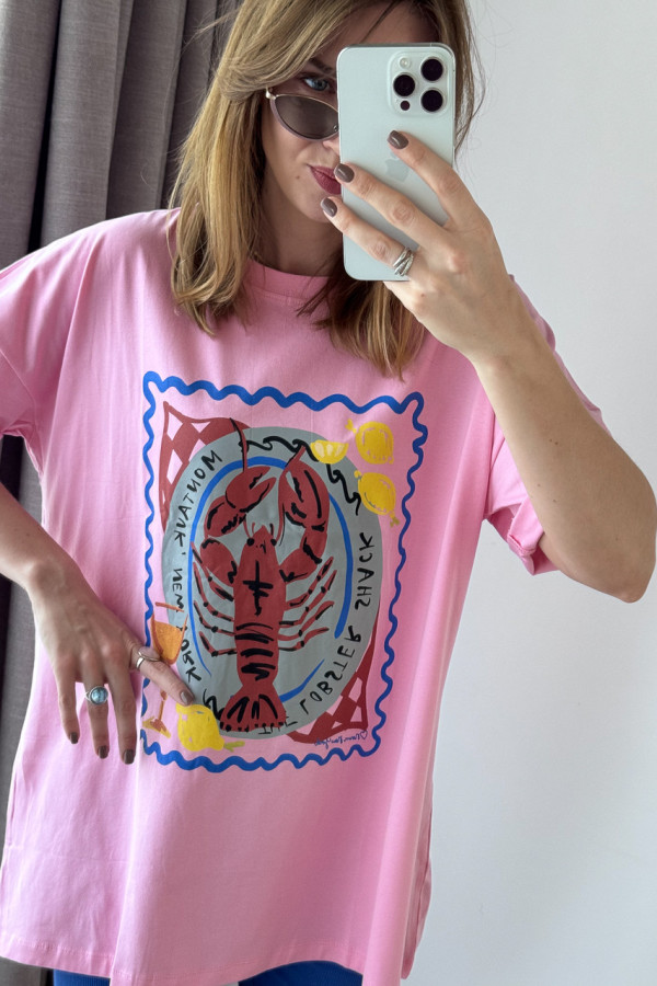 T-SHIRT BAWEŁNIANY CUKIERKOWY RÓŻ Z PRINTEM LOBSTER 3