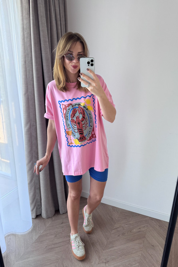 T-SHIRT BAWEŁNIANY CUKIERKOWY RÓŻ Z APLIKACJĄ RACZKA