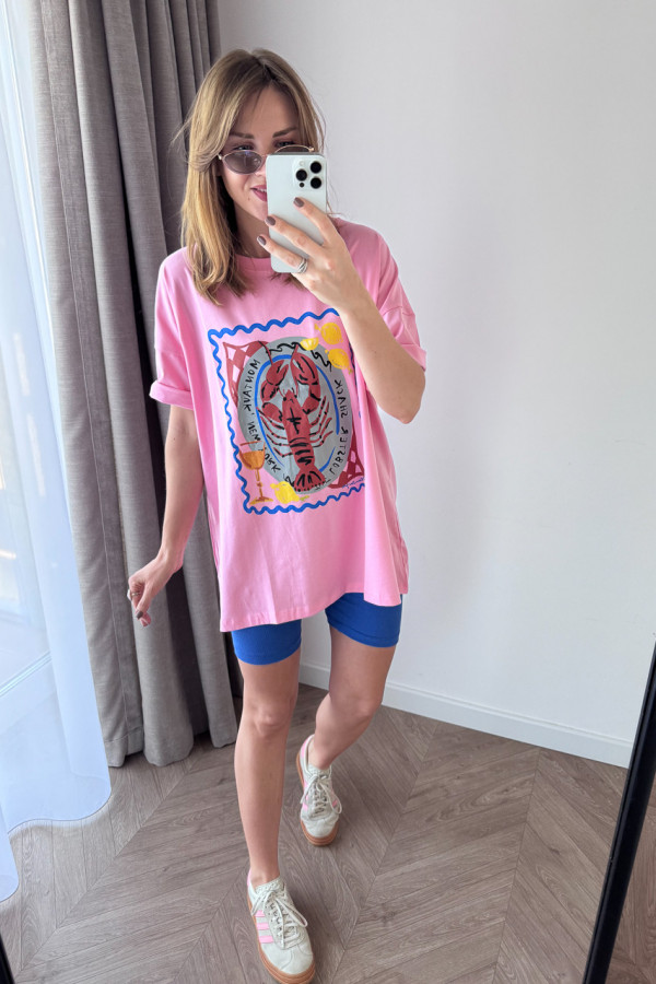T-SHIRT BAWEŁNIANY CUKIERKOWY RÓŻ Z PRINTEM LOBSTER 4