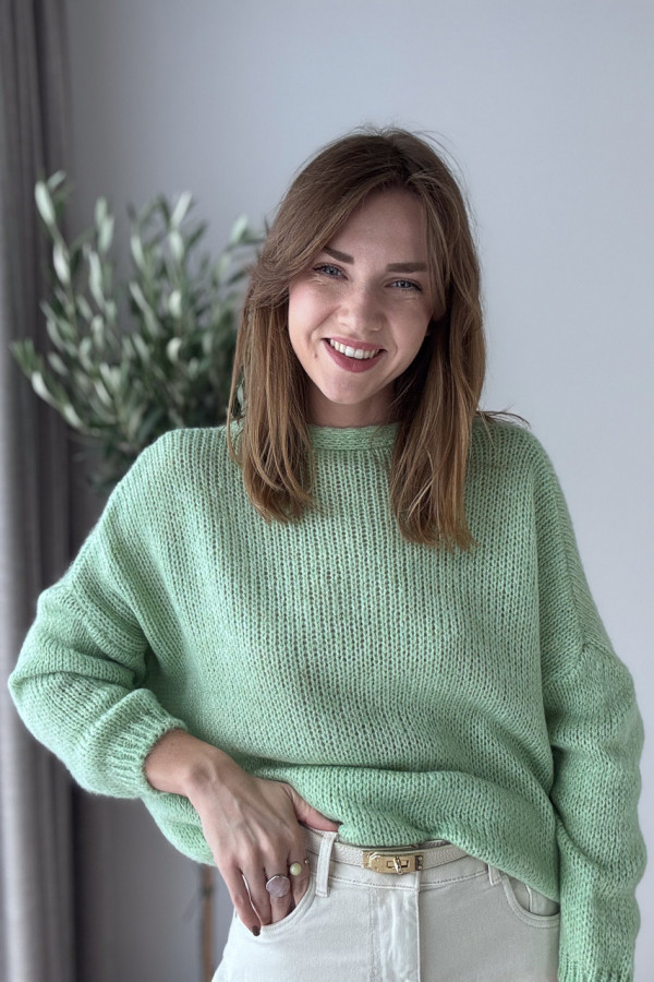 SWETER ROZPINANY PISTACJOWY, PUDEŁKOWY FASON Z OZDOBNYM GUZIKIEM LUKRECJA 5