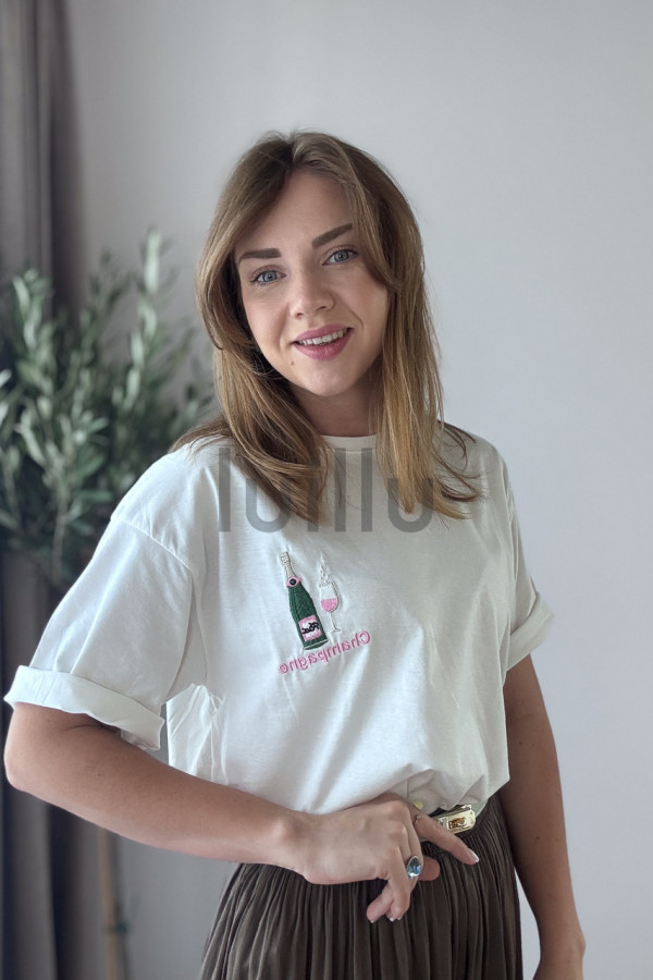 TSHIRT BIAŁY Z HAFTEM SZAMPAN