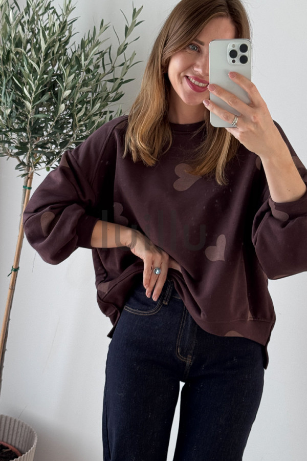 BLUZA CZEKOLADOWA Z MIĘSITEJ BAWEŁNY W SERDUSZKA 1