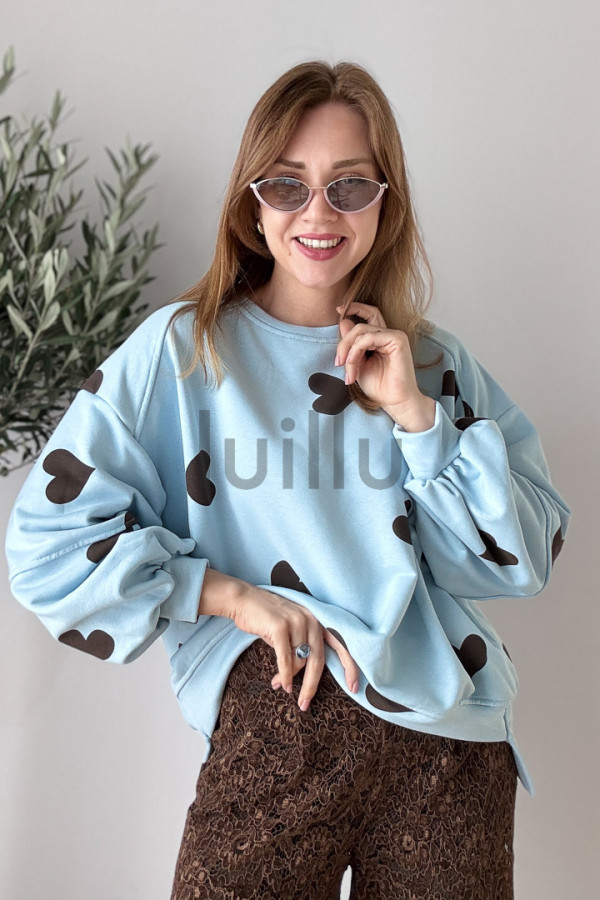 BLUZA NIEBIESKA Z MIĘSITEJ BAWEŁNY W SERDUSZKA