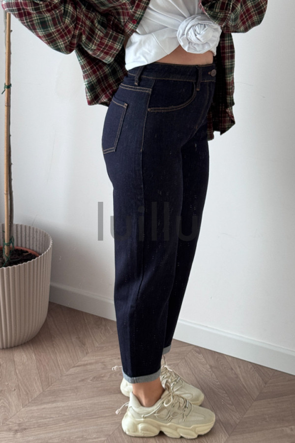 SPODNIE DŻINSOWE MOM FIT CIEMNY Z PRZESZYCIAMI 2