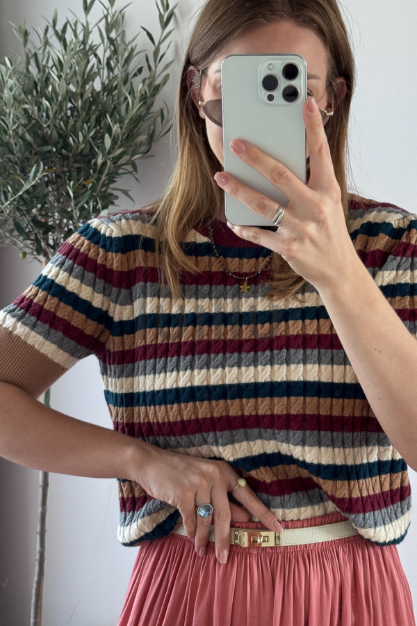 SWETER DZIANINOWYZ WISKOZA W JESIENNE PASKI BORDO 2