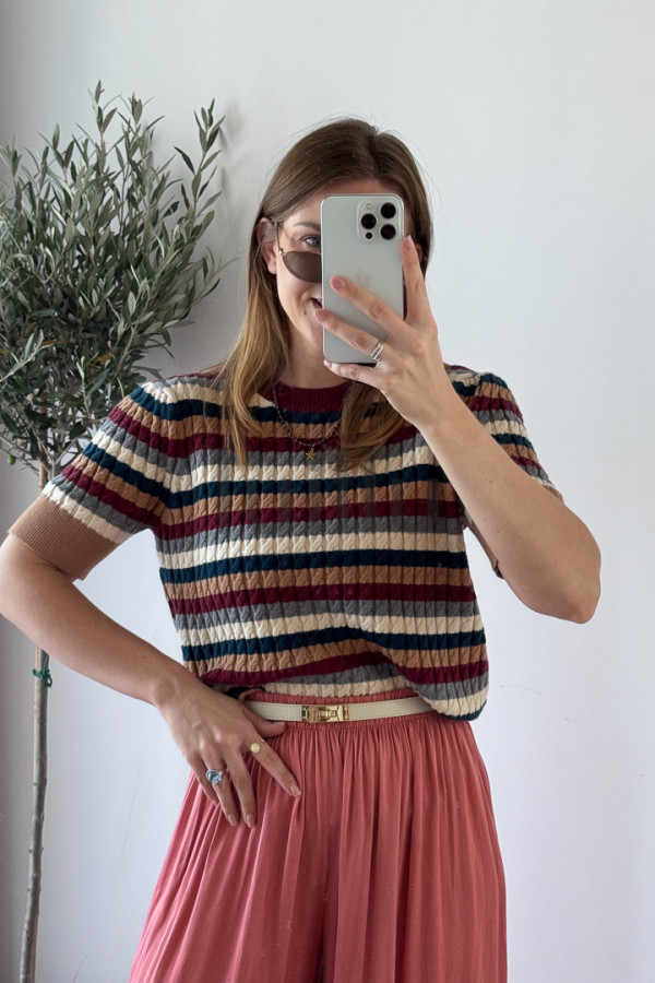 SWETER DZIANINOWYZ WISKOZA W JESIENNE PASKI BORDO 3