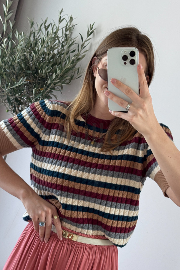 SWETER DZIANINOWYZ WISKOZA W JESIENNE PASKI BORDO 4