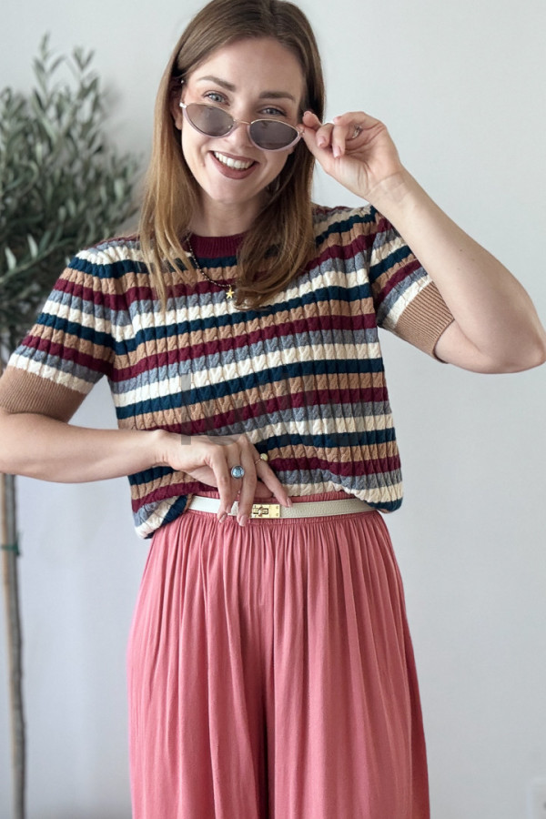 SWETER DZIANINOWYZ WISKOZA W JESIENNE PASKI BORDO