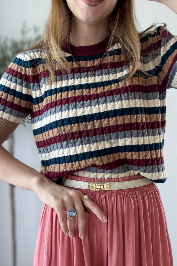 SWETER DZIANINOWYZ WISKOZA W JESIENNE PASKI BORDO 5
