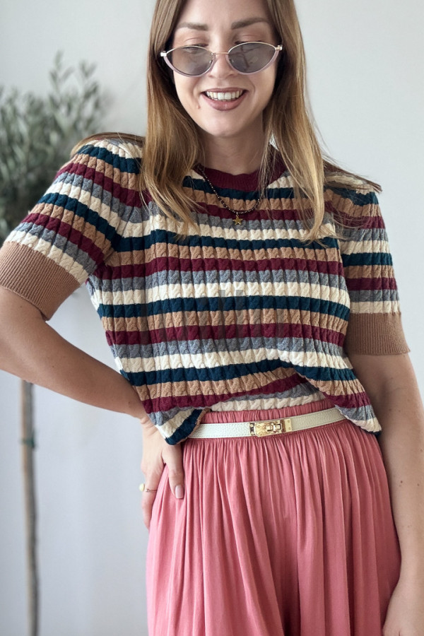 SWETER DZIANINOWYZ WISKOZA W JESIENNE PASKI BORDO 6