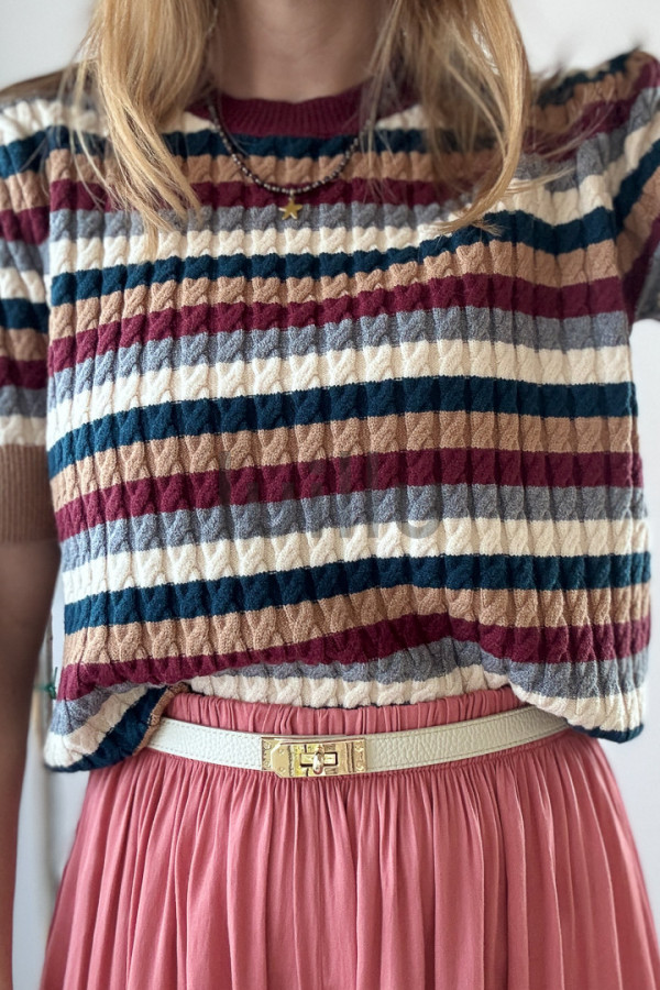SWETER DZIANINOWYZ WISKOZA W JESIENNE PASKI BORDO 7