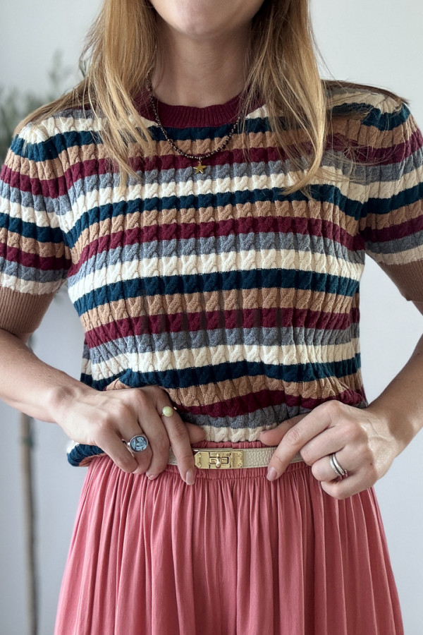 SWETER DZIANINOWYZ WISKOZA W JESIENNE PASKI BORDO 8