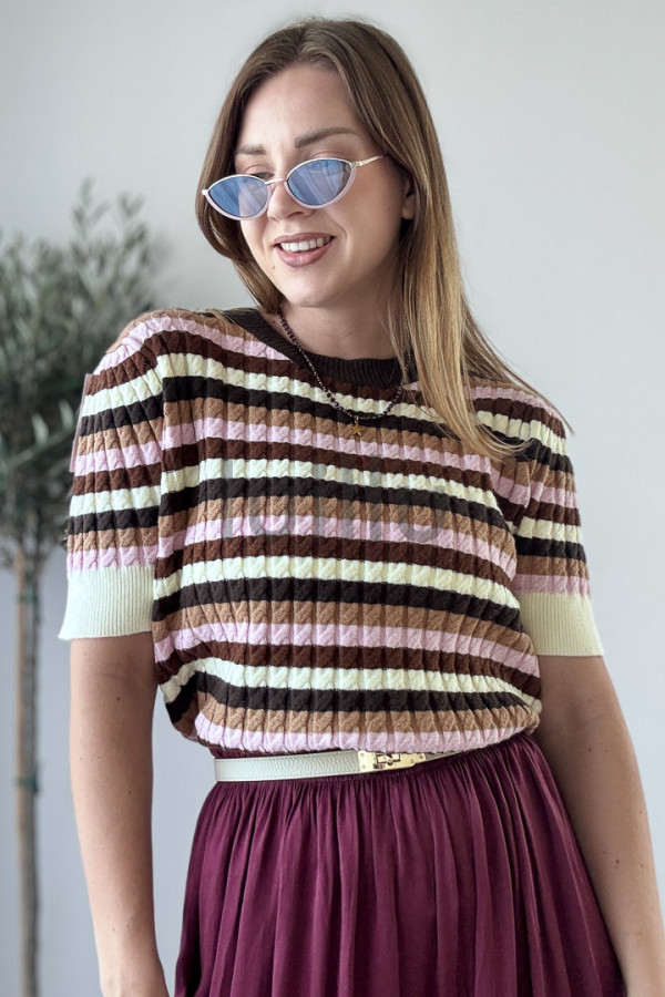 SWETER DZIANINOWYZ WISKOZA W JESIENNE PASKI PUDER 4