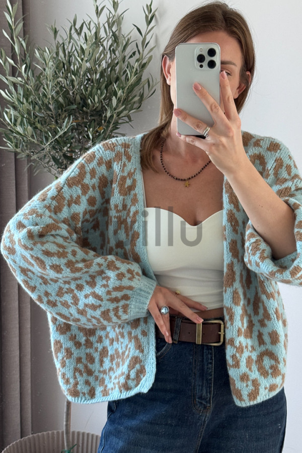 SWETER ROZPINANY W BŁĘKITNĄ PANTERKĘ LEO