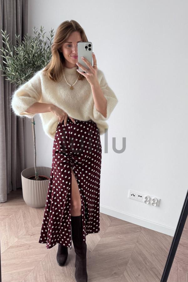SPÓDNICA MIDI Z WISKOZY BURGUNDOWA W GROCHY MELANIA