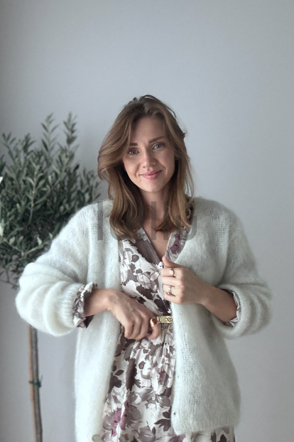 SWETER ŚMIETANOWY ROZPINANY PREMIUM Z WEŁNĄ KID MOHER PERLA 2