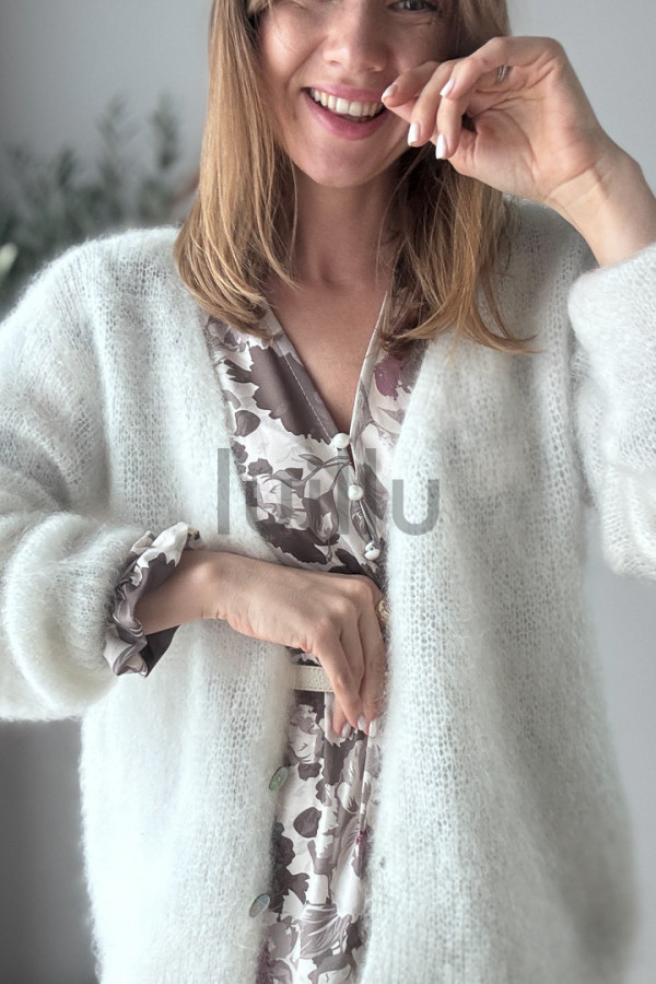 SWETER ŚMIETANOWY ROZPINANY PREMIUM Z WEŁNĄ KID MOHER PERLA 6