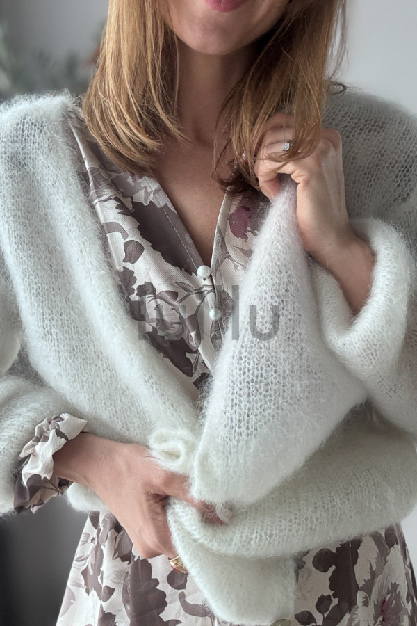 SWETER ŚMIETANOWY ROZPINANY PREMIUM Z WEŁNĄ KID MOHER PERLA 1