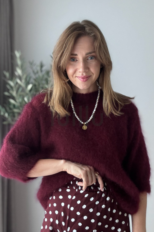 SWETER BURGUNDOWY ROZPINANY PREMIUM Z WEŁNĄ KID MOHER PERLA