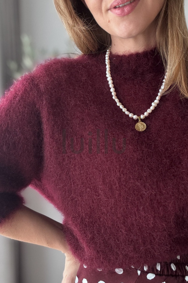 SWETER BURGUNDOWY ROZPINANY PREMIUM Z WEŁNĄ KID MOHER PERLA 6