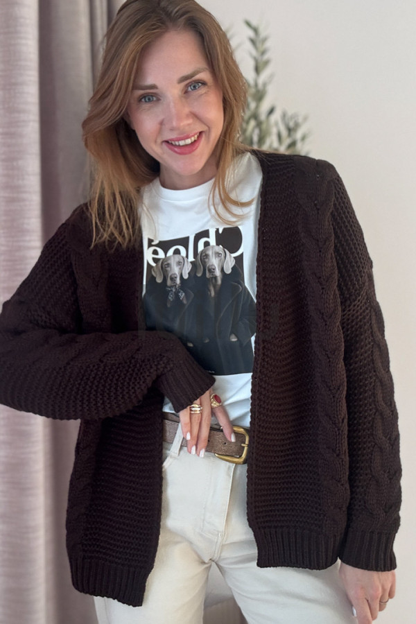 SWETER KARDIGAN CZEKOLADOWY W SPLOCIE WARKOCZ 1