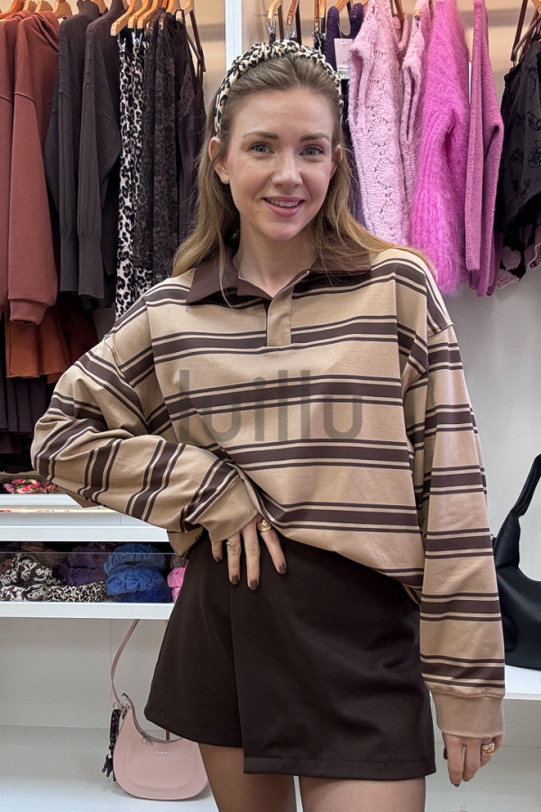 BLUZA Z KOŁNIERZEM W LATTE PASKI LILA