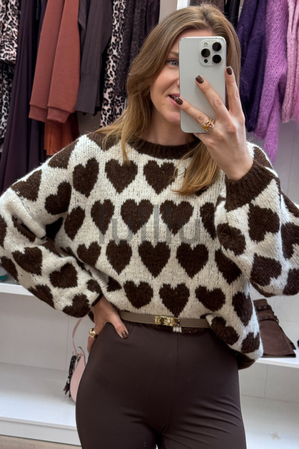 SWETER ŚMIETANKOWY W CZEKOLADOWE SERDUSZKA AMELIA 2