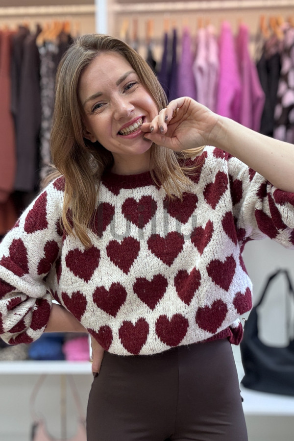 SWETER ŚMIETANKOWY W BORDOWE SERDUSZKA AMELIA
